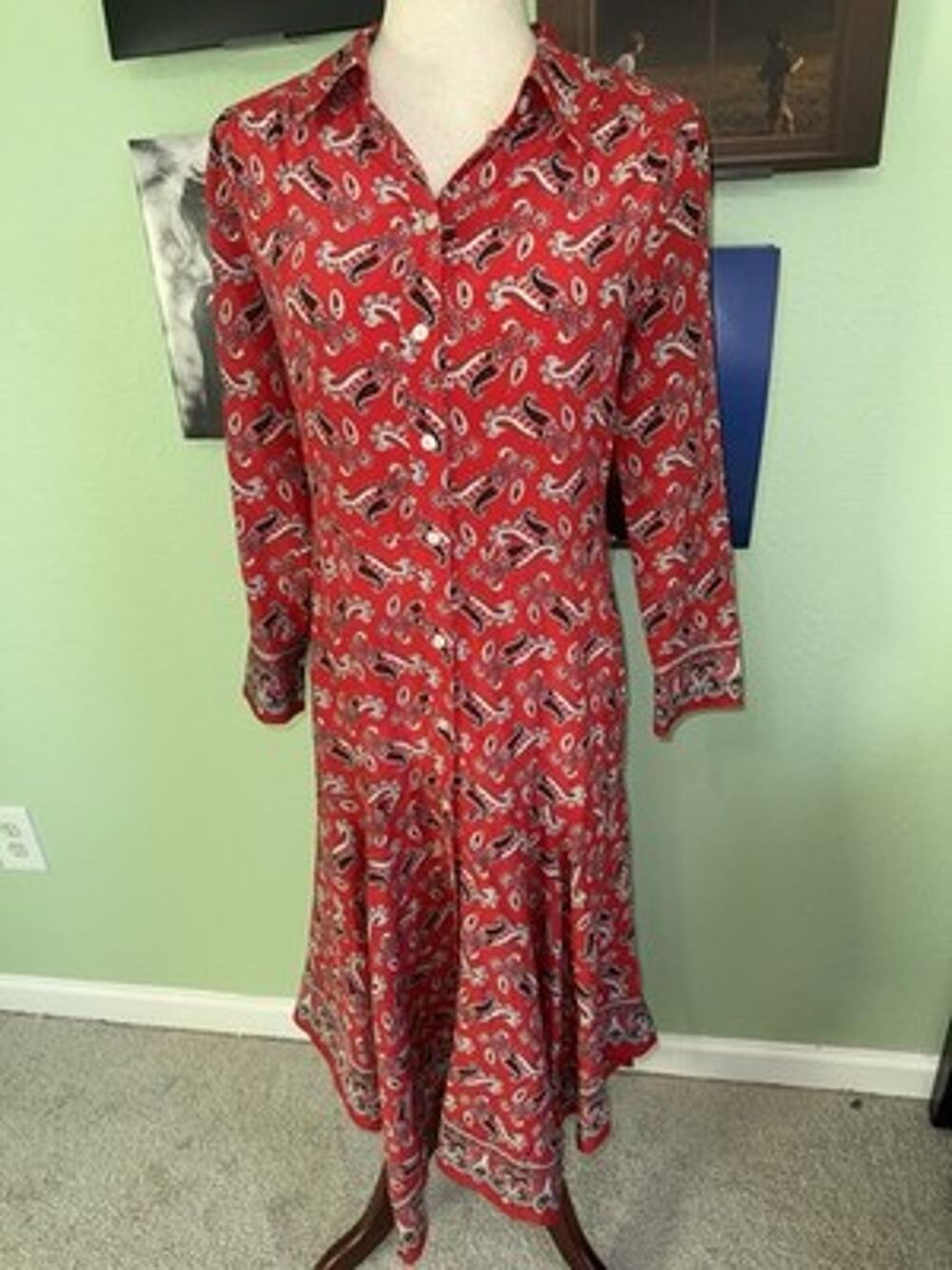 Veronica Beard Red Paisley Silk Shirt Dress Size 4 Midi Long Sleeve High Low